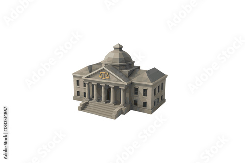 Low-poly courthouse building with justice symbol on pediment in gray