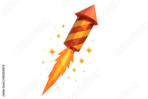 Colorful rocket firework with sparkling trail on white background
