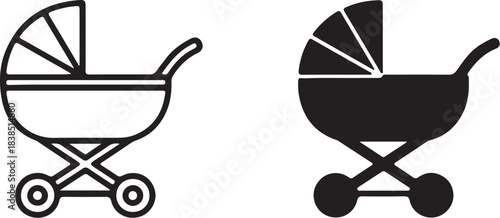 Baby stroller icon in outline and solid black versions pram carriage on transparent background