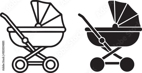Baby Stroller Icon Outline And Filled Black pram carriage on transparent background