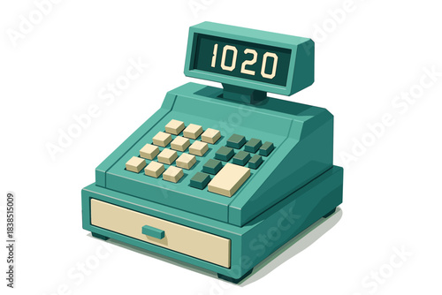 Vintage green cash register with display showing 1020