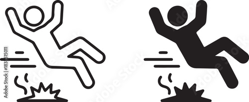 Icon of a Person Slipping and Falling with Motion Lines and Debris in Outline and Solid Black accident on transparent background
