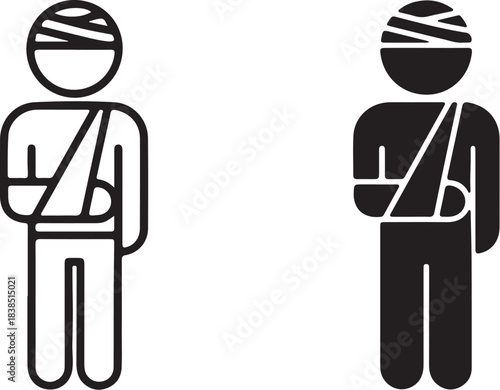 Injured Person Icon Line Art and Silhouette with Arm Sling woman patient on transparent background