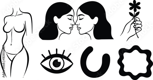Line art icon set close up facing women kissing and female torso with hand holding flower eye horseshoe and scalloped badge black outline minimal vector symbols