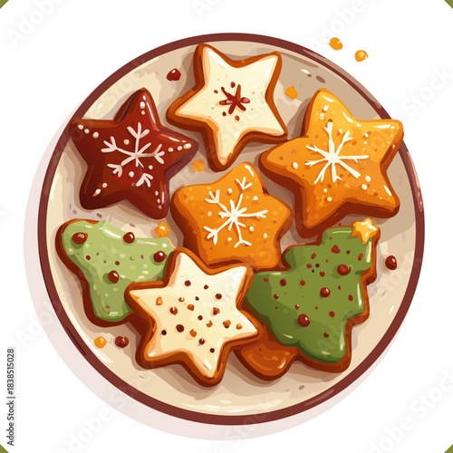Vector illustration of a plate with assorted Christmas cookies in star and tree shapes, decorated with icing, isolated on a white background