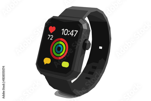 Black smartwatch displaying heart rate and activity tracking metrics