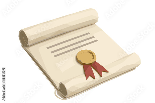 Vintage certificate scroll with gold seal and red ribbons on parchment paper
