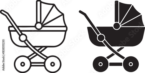Outline and Solid Black Baby Stroller Icons pram carriage on transparent background