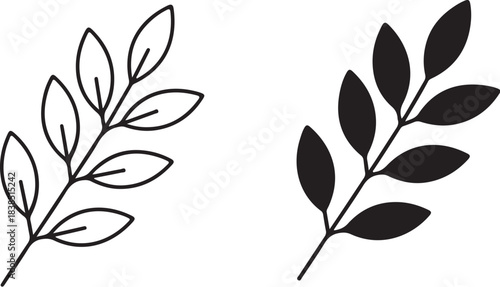 Outline and Solid Black Leaf Branch Icons Side by Side on White Background plant foliage on transparent background