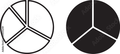 Outline and Solid Black Pie Chart Icons with Three Segments on White Background graph data on transparent background