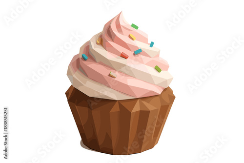 Geometric cupcake with pink icing and colorful sprinkles on brown wrapper