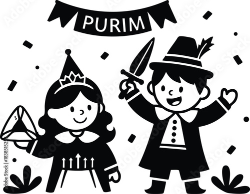 Line art close up two children in purim costumes girl with crown holding gragger boy with hat and sword under banner lots of confetti playful joyful