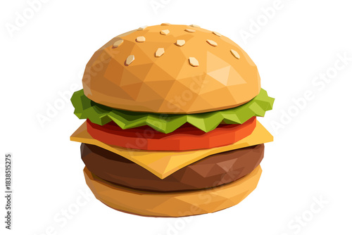 Geometric low-poly cheeseburger with lettuce, tomato, and sesame seed bun
