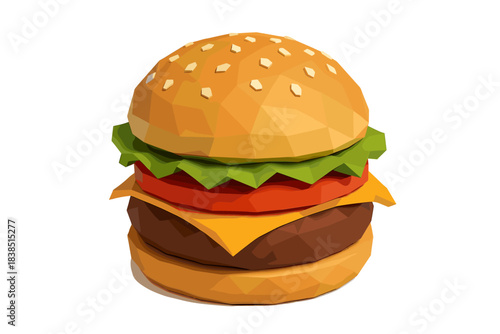 Low-poly hamburger with lettuce, tomato, cheese, and sesame seed bun