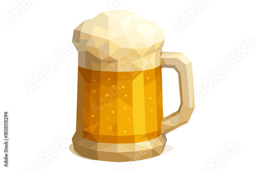 Low-poly beer mug with foam on white background