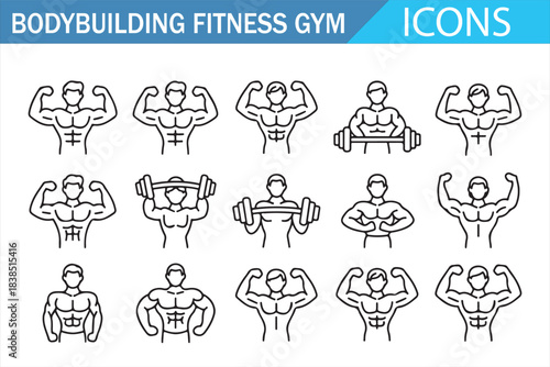 Fitness workout outline icon set with bodybuilding silhouettes
