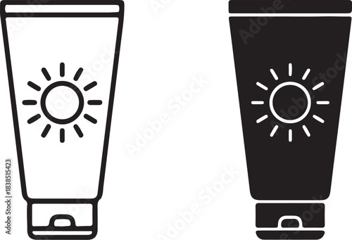 Sunscreen tube icon in outline and solid black versions with sun symbol sunblock lotion on transparent background