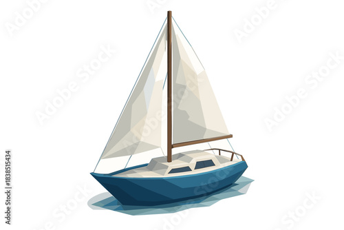 Blue sailboat illustration on calm water with raised sails