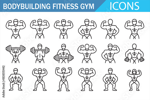 Muscular athlete workout icons set for fitness and strength training