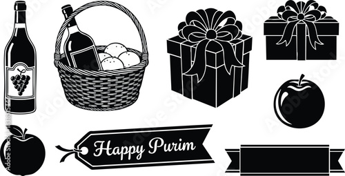 Flat design purim icon set close up picnic basket wine bottle apples gift boxes with bows festive ribbon banner blank label black silhouette sticker vector art