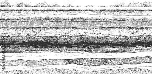 Detailed black and white illustration of folded geological strata and rock formations geology 