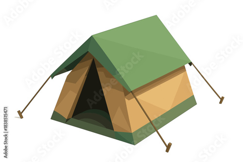 Green and tan camping tent with open flap in minimal design