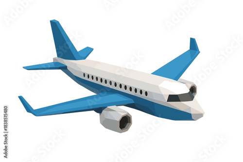 Low-poly blue and white airplane in flight with angular design