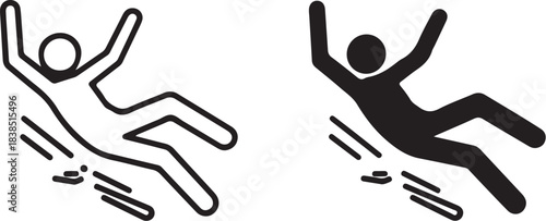 Two falling person icons one outlined and one solid black on a white background slip slide on transparent background