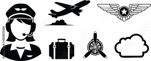Flat design aviation icon set showing female pilot avatar side profile wearing cap and headset with airplane silhouette propeller suitcase wings badge monochrome vector and cloud
