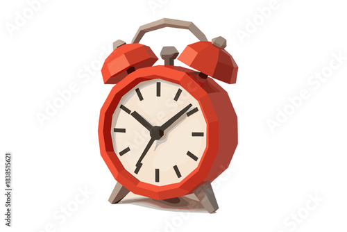 Geometric red alarm clock with simplistic design on white background
