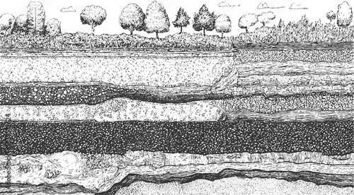 Detailed black and white illustration of folded geological strata and rock formations geology 
