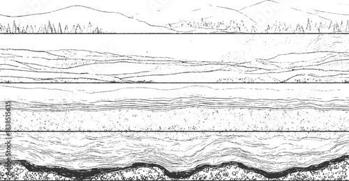 Black and white abstract pattern of layered geological strata and textured rock formations background 