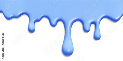 Dripping ice cream glaze with melting blue frosting on transparent background. 3D realistic liquid candy drip texture with creamy flow pattern. Sweet dessert sauce splash for cake decoration.