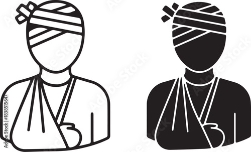Two Injured Person Icons One Outline One Solid Black bandage head bandage on transparent background