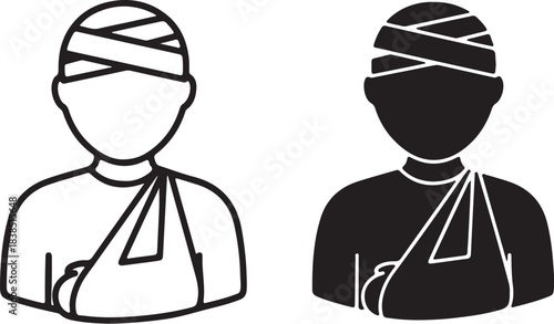 Two injured person icons one outlined and one solid black on a white background silhouette on transparent background