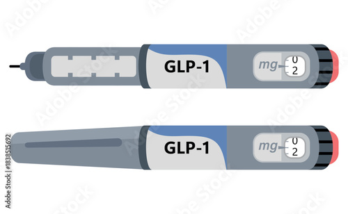 GLP 1 injection pen hand drawn vector illustration. Diabetes medication or insulin syringe isolated on white.