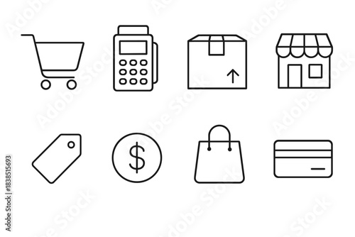 Shopping icons: cart, terminal, package, store, label, dollar, bag, card