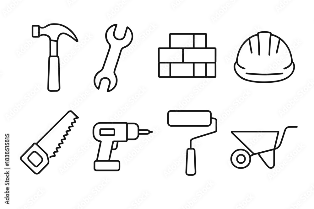 Fototapeta premium Construction tools set: hammer, wrench, bricks, hard hat, saw, drill, paint roller, wheelbarrow