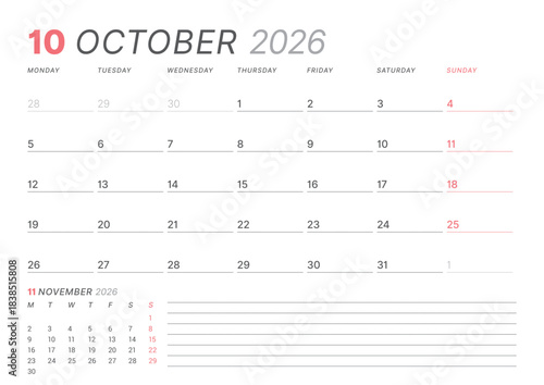 October 2026 monthly planner calendar template, week starts on Monday. Minimalist vector illustration for web, print. Modern, simple schedule organizer, printable page for business and personal use