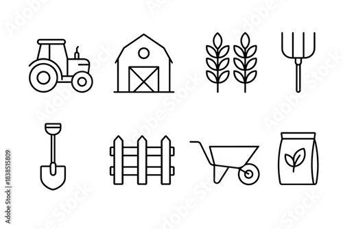 Farm equipment and tools icons - tractor, barn, crops, shovel, wheelbarrow