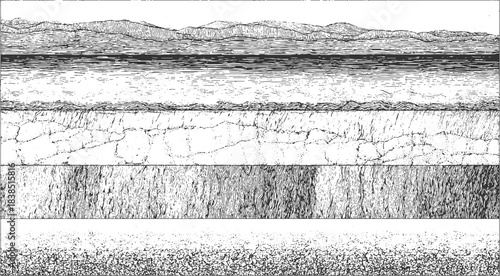 Black and white abstract pattern of layered geological strata and textured rock formations background 