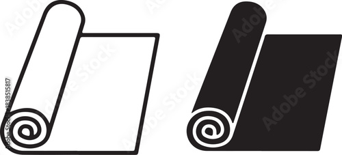 Two Rolled Up Rugs One Outline One Solid Black Icon Set Keywords: rug, carpet, rolled, unrolled, textile, floor covering, home decor, interior design, home furnishing, on transparent background