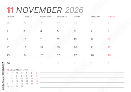 November 2026 monthly planner calendar template, week starts on Monday. Minimalist vector illustration for web, print. Modern, simple schedule organizer, printable page for business and personal use