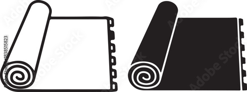 Two Rolled Up Rugs One Outline One Solid Black Icon Set Keywords: rug, carpet, rolled, unrolled, textile, floor covering, home decor, interior design, home furnishing, on transparent background