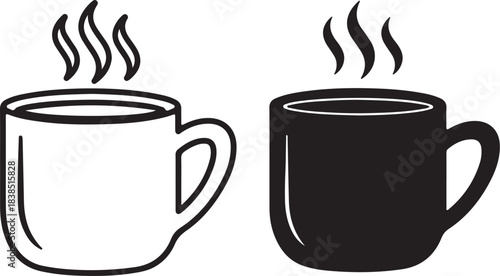 Two steaming coffee mugs one outlined and one solid black on a white background vector illustration on transparent background