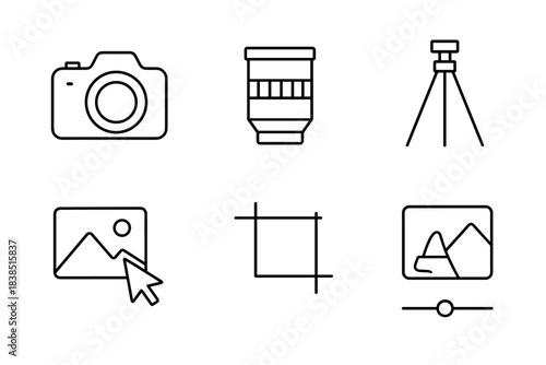 Photography equipment icons: camera, lens, tripod, image editing symbols