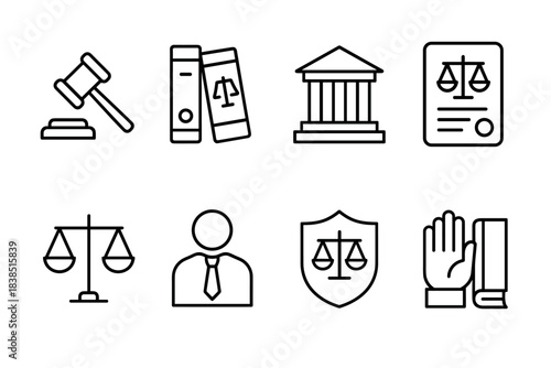 Set of legal icons featuring gavel, law books, courthouse, scales, lawyer, justice shield, and oath