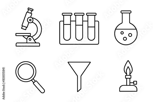 Laboratory equipment icons: microscope, test tubes, beaker, magnifying glass, funnel, bunsen burner