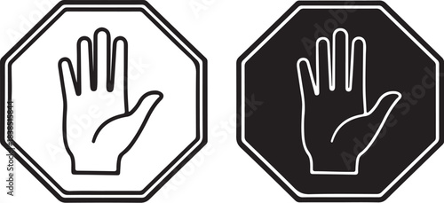 Two Stop Hand Sign Icons One Outline One Solid Black stop sign open palm on transparent background
