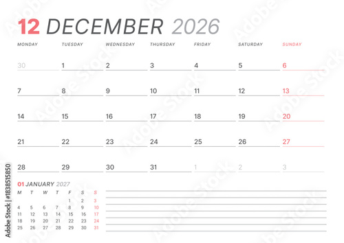 December 2026 monthly planner calendar template, week starts on Monday. Modern vector illustration for web and print. Clean, simple schedule organizer, printable page for business or personal agenda